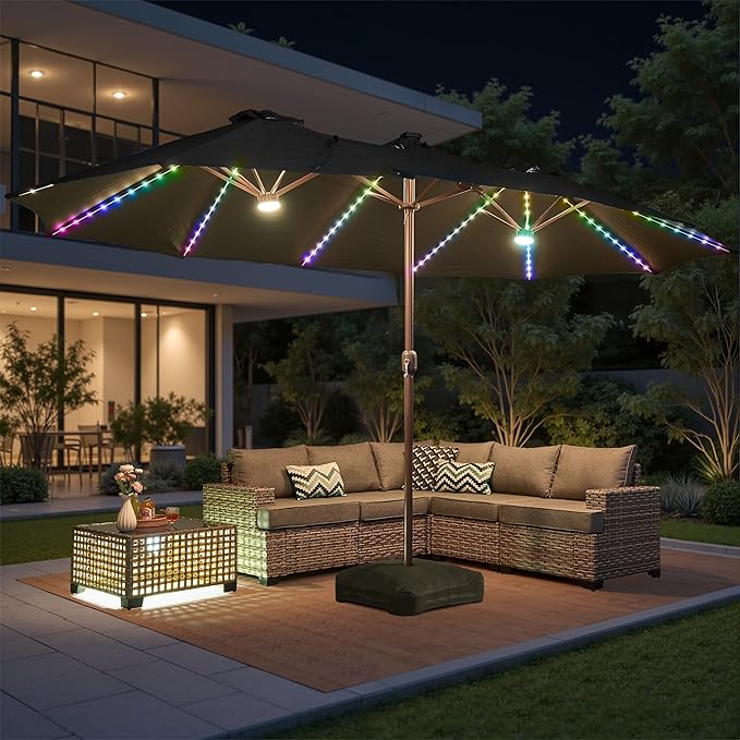 15ft Patio Umbrella with Base Included, Rectangle Double Patio Umbrellas with Crank Handle 12 Ribs, Heavy Duty Large Table Umbrella for Pool Deck Garden Party Commercial