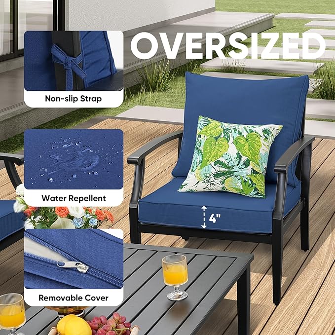 4 Pieces Patio Furniture Set w/loveseat,Coffe Table,Outdoor Conversation Metal Sofa with High Back and Thick Cushion,for Backyard,Garden,Navy