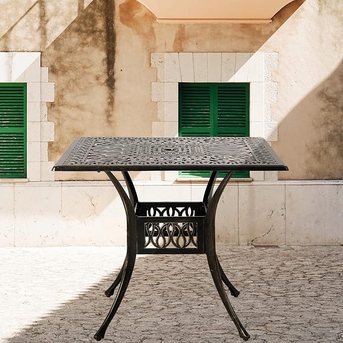 35.4 Inch Outdoor Dining Table Square Patio Table Bronze Cast Aluminum Rustic Large Table with Umbrella Hole