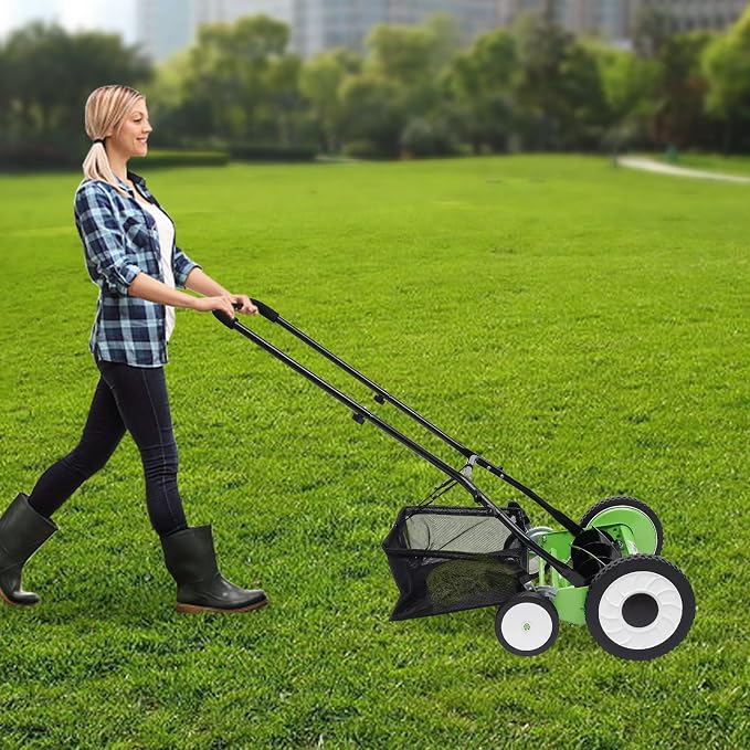 Walk-Behind Lawn Mowers 16-Inch 5-Blade Manual Reel Lawn Mower, Adjustable Cutting/Handle Height Grass Cutter with Grass Catcher, Green