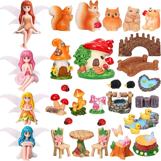 40Pcs Fairy Garden Accessories Miniature Garden Ornaments Kit with Mini Animal Plant Fairies Furniture House Figures Bulk for Micro Landscape DIY Terrarium Potted Plants Dollhouse Decor