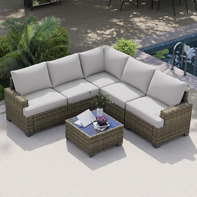 LazySunsets Luxury Patio Furniture Set, All-Weather Patio Sectional Sofas with Thickened Cushions, 6 Piece Outdoor Furniture Set, Grey