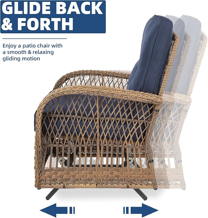3-Piece Patio Wicker Conversation Bistro Set, All-Weather Gliding Rocking Chairs with Thickened Cushions and Glass Top Table, Outdoor Rattan Furniture Sets for Porch Garden, Navy Blue