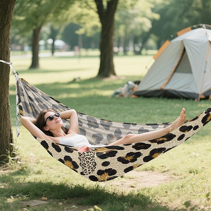Fake Glitter Leopard Print Beige 330lb Capacity Outdoor Hammock with Tree Straps Swing Hammock for Indoor Outdoor Patio amacas para patios con Base de adultos
