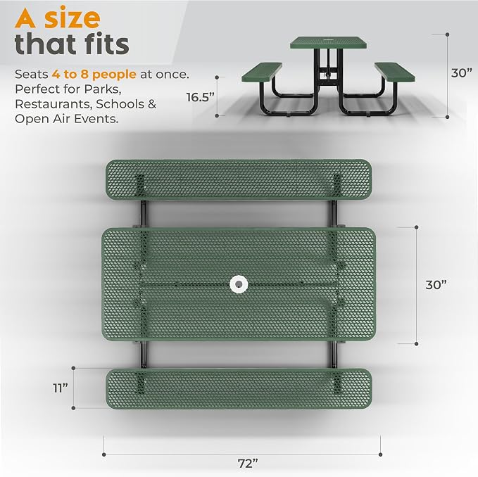 Commercial Heavy-Duty Metal Picnic Table - ADA Compliant, Adjustable Seats, Umbrella Hole, Expanded Metal (Green, 6' Rectangular)
