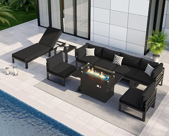 NICESOUL 9 Piece Oversized Modular Aluminum Outdoor Furniture Set with Chaise Lounge, 29" Deep and Wide Sectional Seating, 500 lbs High Weight Capacity Patio Conversation Set for Poolside Deck, Black