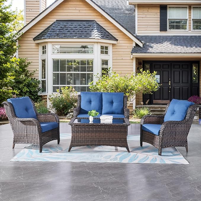 Belord Wicker Furniture 4 Pieces Outdoor Patio Furniture Set Patio Loveseat Sofa Set with Wicker Chairs and Coffee Table, Paito Conversation Set for Porch Garden Deck Balcony Poolside