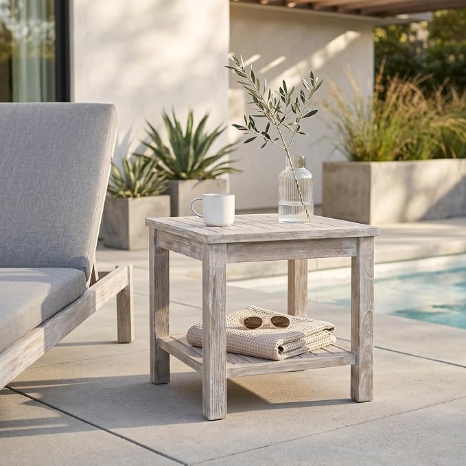 Hives & Honey Pavilion Outdoor Teak Side Table, Square 2-Tier Patio Table, Solid Grade-A Teak Wood for Deck, Porch, Balcony – Whitewash
