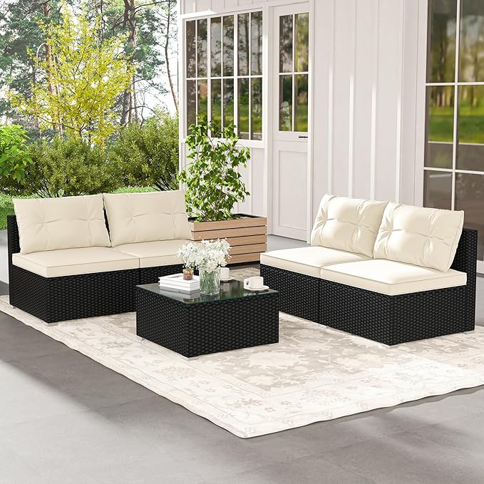 5 Pieces Patio Furniture Set, Outdoor Sectional Sofa with Tempered Glass Coffee Table & Cushions, Wicker Patio Conversation Set for Porch, Deck, Balcony, Poolside & Backyard