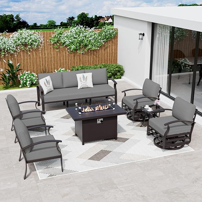 ALAULM Aluminum Patio Furniture Set with Propane Fire Pit Table Metal Outdoor Furniture w/Fire Pit Sectional w/5.1" Cushions and 7 Seats for Backyard, Poolside - Grey