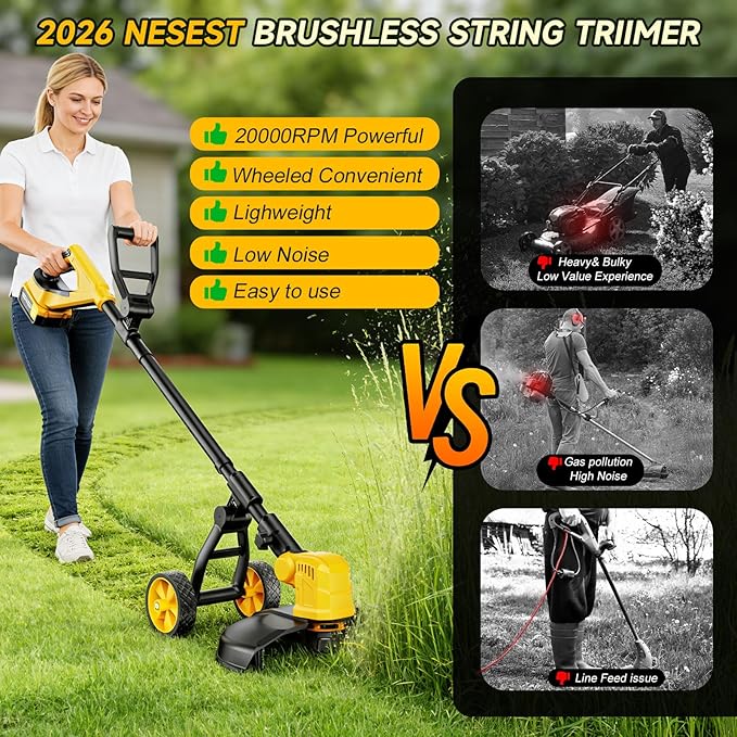 20000RPM Brushless Cordless String Trimmer for Dewalt 20v Battery(Battery Not Included), 3-in-1 Weed Wacker Edger Grass Trimmer with Wheel, Lightweight Weed Eater Battery Powered w/8 Line Spools