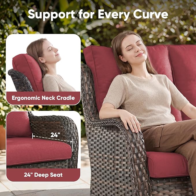Belord Patio Sofa Luxury PE Wicker 3-Seater Outdoor Couch, Modern All-Weather High Back Deep Seat Woven Furniture Set for Porch, Deck, Balcony, Backyard - Brown/Red
