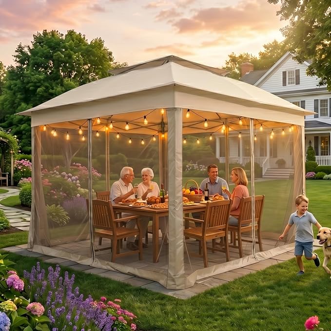 COOS BAY 11x11 Pop Up Gazebo with Mesh Netting, Instant Outdoor Canopy Tent, Water Resistant Shelter with UPF 50+ UV Protection, 121 Sq Ft Coverage, Khaki