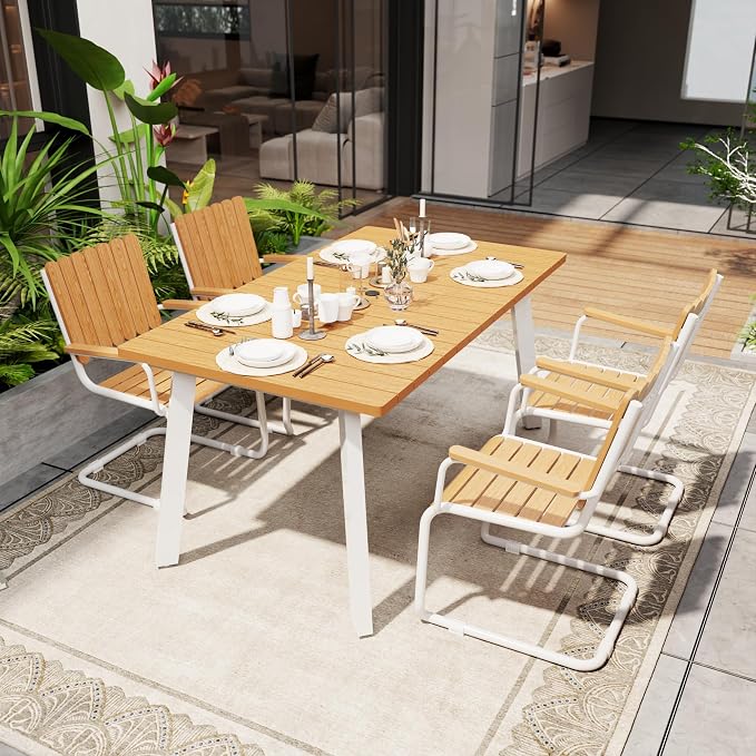 5 Piece Outdoor Conversation Set for 4, HDPE Patio Seating Set with Table and Chairs, All-Weather Outdoor Lounge Furniture with Umbrella Hole for Garden, Porch, Poolside, White & Teak
