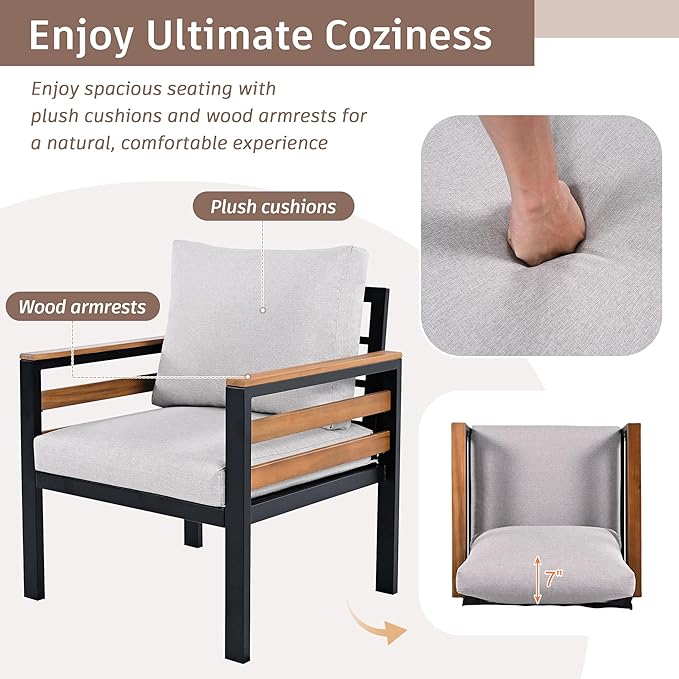 4-Piece Patio Set, Outdoor Furniture Sofa Set for 5 People with Acacia Wood Armrests, Conversation Set with Solid Wood Coffee Table, 2 Single Chairs, 3-Seater Sofa for Garden and Backyard (Beige/453)