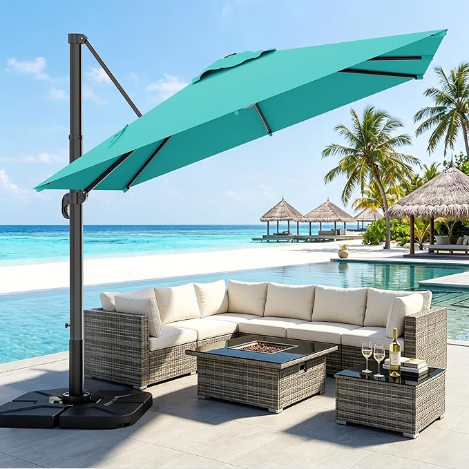AreShark 8 × 8FT Square Cantilever Patio Umbrella with Base Included, 360° Rotation Offset Outdoor Umbrella, 5 Tilt Settings Heavy Duty Hanging Parasol for Deck Garden Pool, Peacock Blue