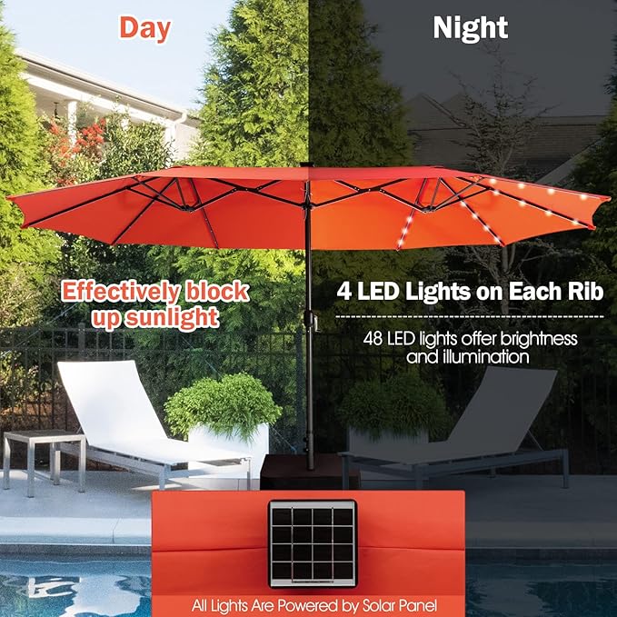 Giantex Large Outdoor Umbrella Double-Sided, 48 Solar Lights, Auto-Charging Solar Panel, Extra Large Patio Umbrella with Base and Crank, Outdoor Market Umbrellas for Poolside Garden
