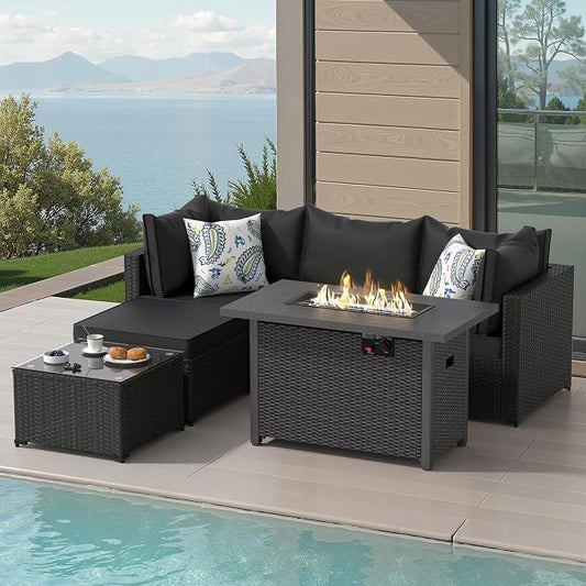 Patio Furniture Set, 6PCS Patio Sectional w/ Fire Pit Tabel Ottoman Wicker Rattan Outdoor Furniture with Thickened Cushion Modular Wicker Patio Conversation Set with Glass Top Table for Balcony(Black)
