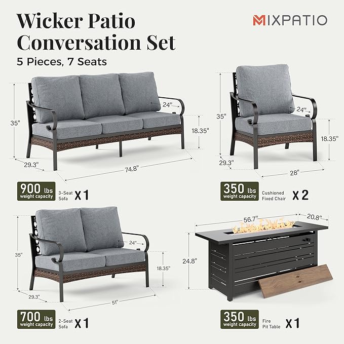 Patio Furniture Set with Fire Pit Table, Metal Outdoor Conversation Set with 5.75'' Extra Thick Cushion, 2 Leg Chairs, Loveseat Sofa, 3-Seat Sofa and Gas Fire Pit Table, Grey