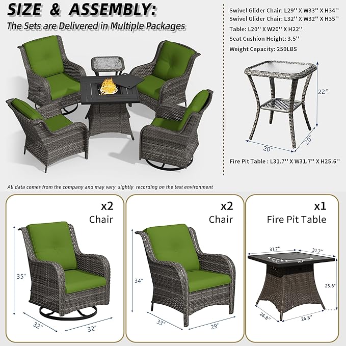 6 Pcs Patio Furniture Set with Fire Table-31'' Fire Pit Table, 1 Side Table, 4 Outdoor Rattan Wicker Conversation Chairs (2 Fixed & 2 Swivel) （Green）