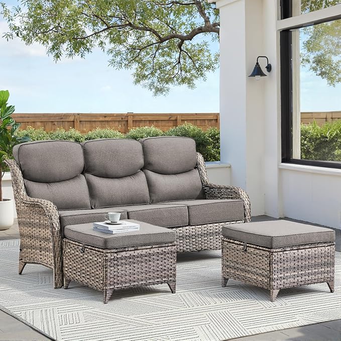 Luxury 3 Pieces Patio Furniture Sets-All Weather Wicker Rattan 3-Seat Sofa Set with Comfy 6" Cushion, Multifunctional Ottomans Patio Conversation Set for Deck Backyard Garden(Grey/Grey)