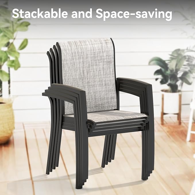LUMISOL 5-Piece Outdoor Patio Dining Set, Patio Furniture Set with 4 Patio Stackable Dining Chairs and 40.6” Outdoor Metal Round Table, Black+Grey