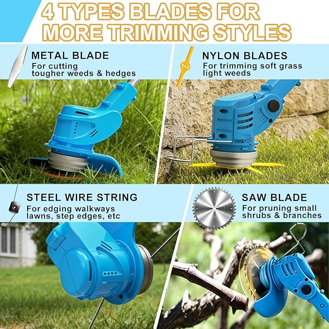 Electric Weed Wacker, 21V Cordless Weed Eater Battery Powered, No String Trimmer with Wheels & Metal Blades, Lightweight Grass Trimmer/Brush Cutter/Lawn Edger, Stringless Weed Trimmer for Yard Garden
