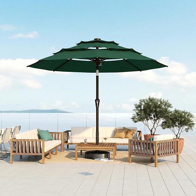 10FT Patio Umbrella 3 Tiers Outdoor Market Umbrella w/Push Button Tilt, Crank, UV and Waterproof Table Umbrella for Garden, Pool, Backyard, Deck, Lawn, Forest Green