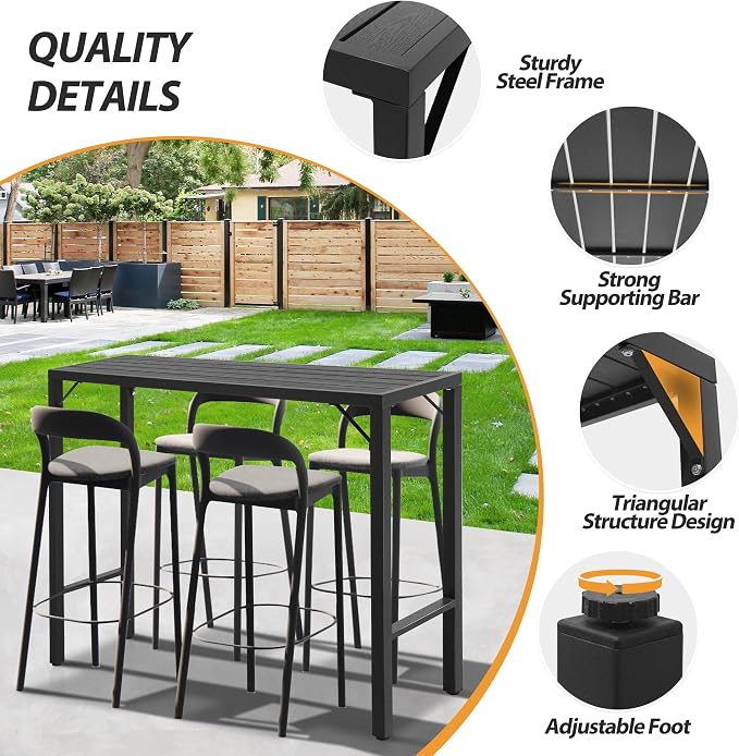Outdoor Bar Table, 47” Patio Bar Height Table, Bar Counter Pub Dining Table with Waterproof Top for Balcony，Garden, Yard, Poolside (Black)