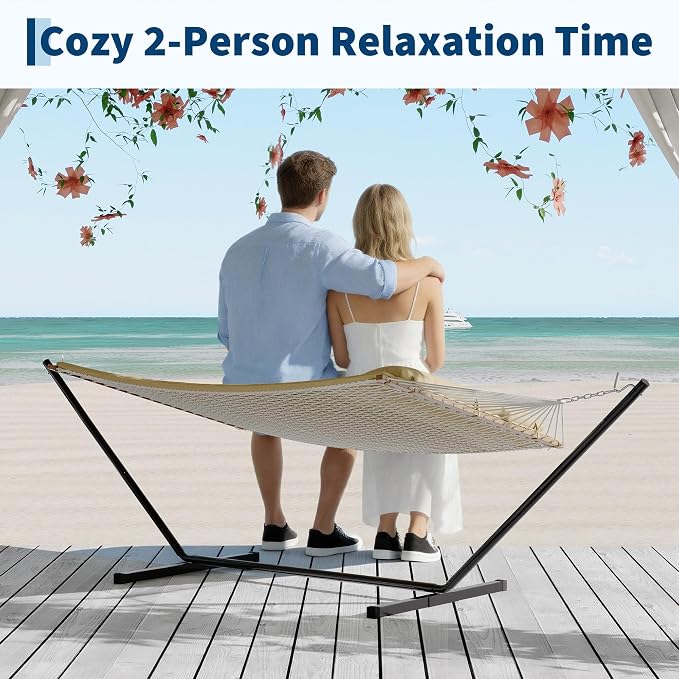 2 Person 12FT Hammocks for Outside, Double Quilted Fabric Outdoor Hammock with Spreader Bar, Large Removable Pillow, Storage Pockets, Carabiners, Max 450 Lbs Capacity