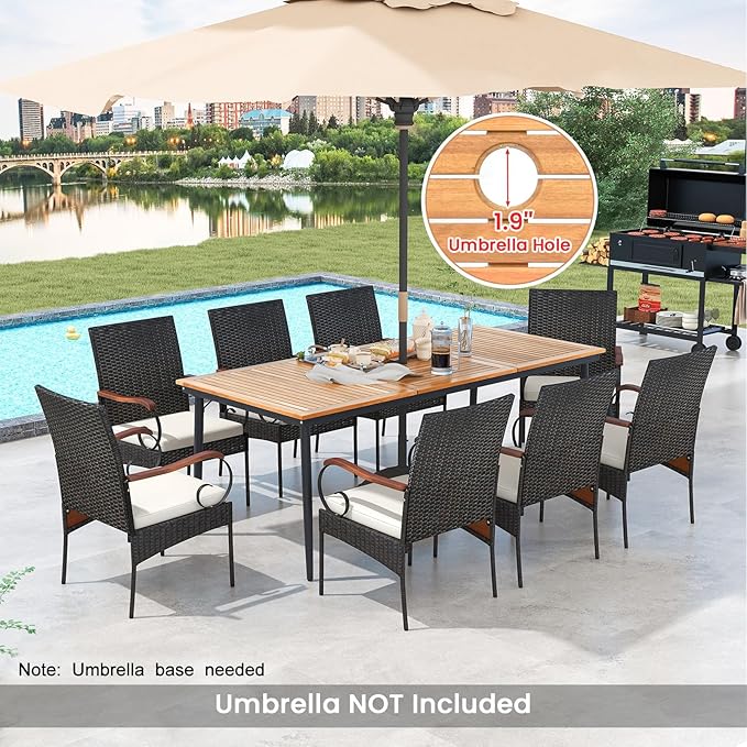 Tangkula 9-Piece Patio Dining Set, 79" Outdoor Dining Table & 8 Rattan-Woven Dining Chairs with Acacia Wood Tabletop, 1.9" Umbrella Hole, Scrollwork Arms, Seat Cushions, for Garden, Porch, Deck