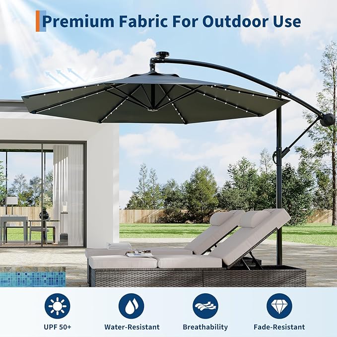 Garvee 10FT Solar Lights Offset Patio Umbrella with Cross Base, Cantilever Umbrella with Easy Lift & Tilt Adjustment, 8 Ribs Sun umbrella UV Protection for Backyard, Pool, Garden, Gray
