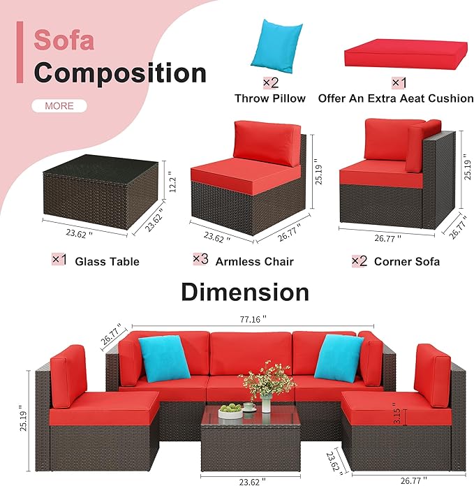 Shintenchi 6 Pieces Patio Furniture Sets Outdoor All-Weather Sectional Patio Sofa Set PE Rattan Manual Weaving Wicker Patio Conversation Set with Glass Table&Ottoman Cushion and Red Pillows, Red