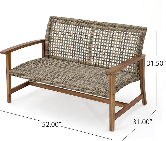 Christopher Knight Home Outdoor 6 Piece Acacia Wood and Wicker Conversation Set with Fire Pit, Gray and Light Gray
