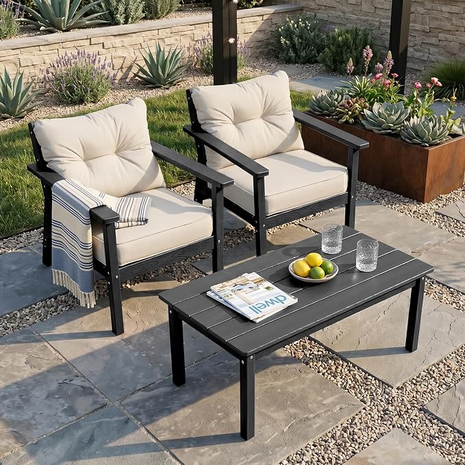 2 Seat HDPE Patio Conversation Set with Coffee Table, Outdoor Chairs Set | Water-Resistant Thick Cushion, HDPE All Weather, Wood-Grain, No Rot or Rust or Crack, UV Fade Shield, Easy-Clean for Outside