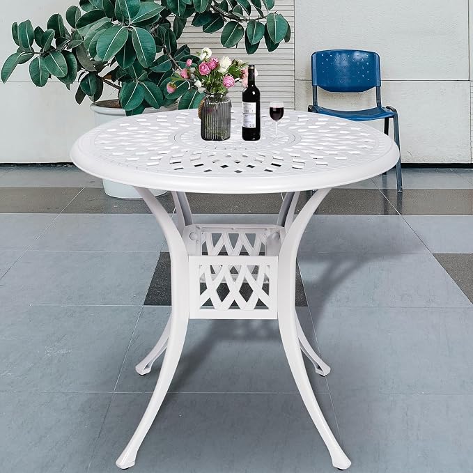 31 Inch Outdoor Dining Table Round Patio Bistro Table Bronze Cast Aluminum Rustic Large Table with Umbrella Hole, White