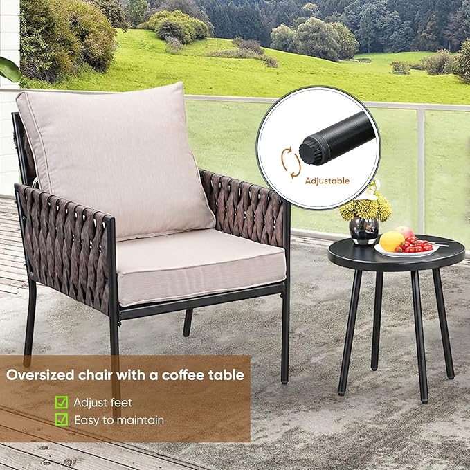 3-Piece Patio Furniture Set, Armchairs with Coffee Table,Modern Wicker Outdoor Conversation Set with Waterproof Thick Cushion for Deck,Backyard,Porch,Beige