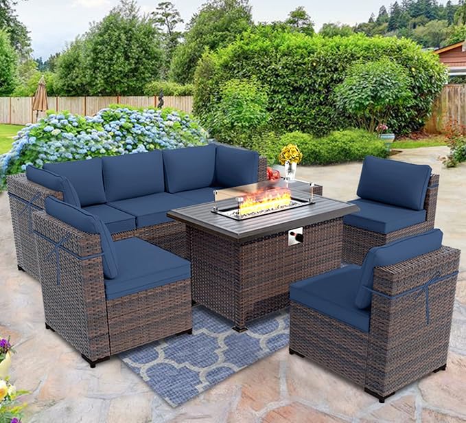 Outdoor Patio Furniture Set with Gas Fire Pit Table, 8 Pieces Outdoor Furniture Set Patio Sectional Sofa w/43in Propane Fire Pit, PE Wicker Rattan Patio Conversation Sets (Dark Blue)