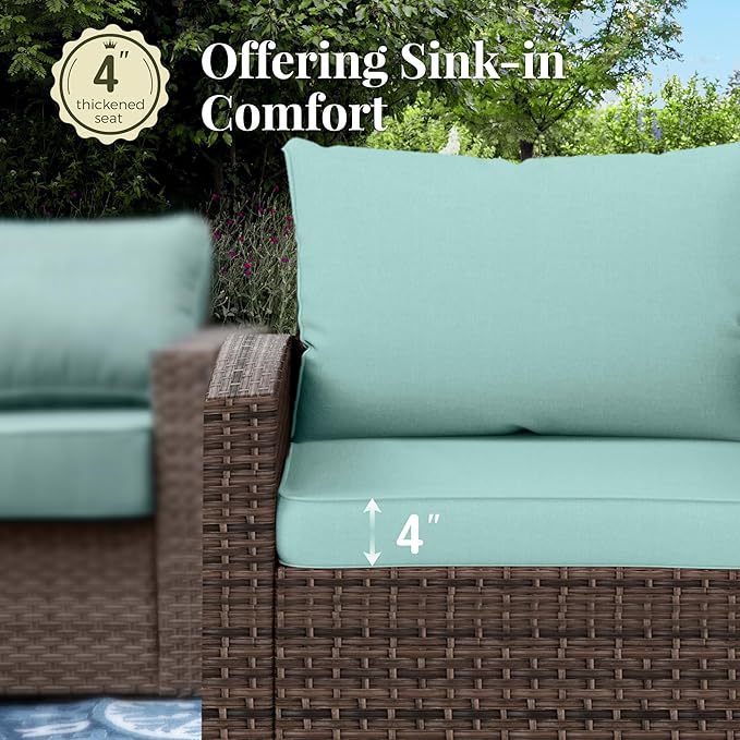 4 Pieces Swivel Wicker Patio Furniture Set, Rattan Outdoor Conversation Set with 2 Pieces Swivel Glider Chairs, 2 Pieces Ottomans, Blue