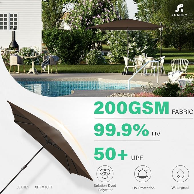 JEAREY 8x10 ft Rectangular Patio Umbrellas Outdoor Table Market Umbrella w/Crank, 8 Sturdy Ribs, UV Protection Windproof Sunproof for Garden, Deck, Backyard, Pool(Brown)