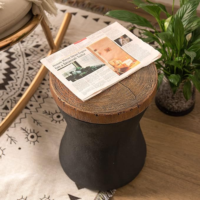 COSIEST 2 Pieces Outdoor End Table, Set of 2 Drum Side Table Faux-Wood Top, Black Base with Tree Trunk Slice Hand Painted, Accent Stool, Plant Stand