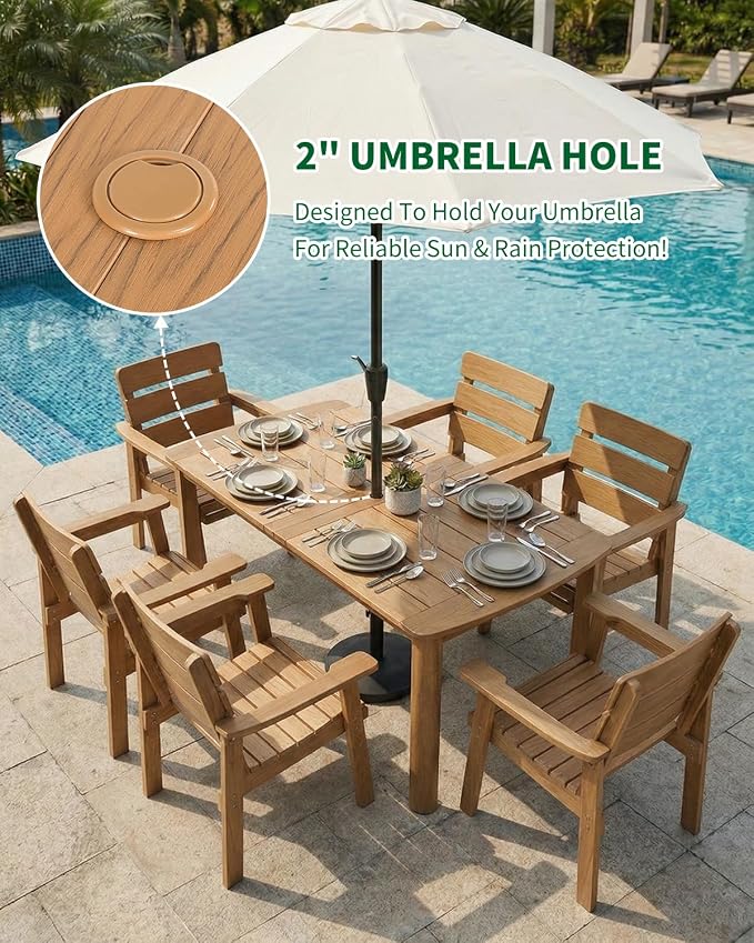 7-Piece Outdoor Dining Set, All-Weather HIPS Patio Table & Chairs for 6, Outdoor Furniture with Umbrella Hole, Ideal for Garden, Poolside, Backyard, Deck, Teak