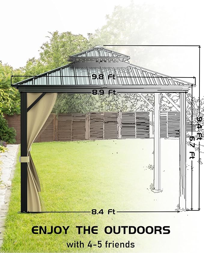 GarveeLife Hardtop Gazebo 10 ft x10 ft for All Weather, with Double Metal Roof, Aluminum Alloy Frame, Net, and Curtain, Permanent Building for Patio, Deck, Backyard, Lawn, and Garden