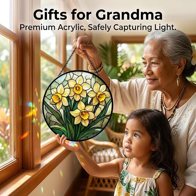 Birthday Gifts for Women - Yellow Daffodils Faux Stained Glass Window Hanging Sun Catcher for Door Garden Acrylic Decor Mother's Day Christmas for Mom Men Nana Grandma Sisters 6.3"
