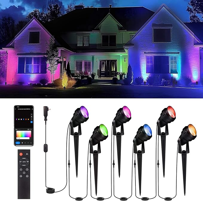 Outdoor Smart Spotlight, RGB Color Changing Landscape Lighting, 300LM Low Voltage IP65 Waterproof, LED Black Aluminum Uplights, Decorative for House Yard Garden Halloween