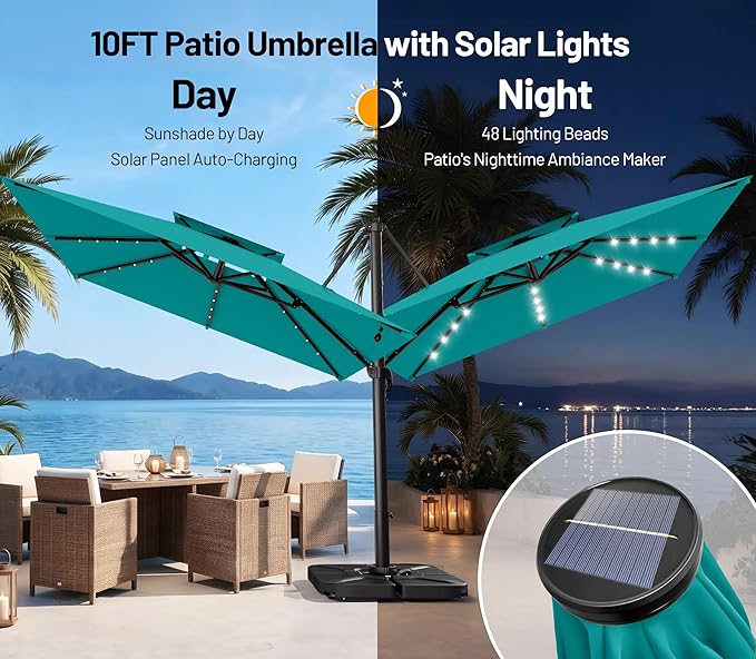 AreShark 10×10FT Solar LED Cantilever Umbrella, Double-Top Outdoor Patio Offset Umbrella with 360 Degree Rotation, Large Square Canopy with Lights for Garden Deck Pool, Turquoise Blue