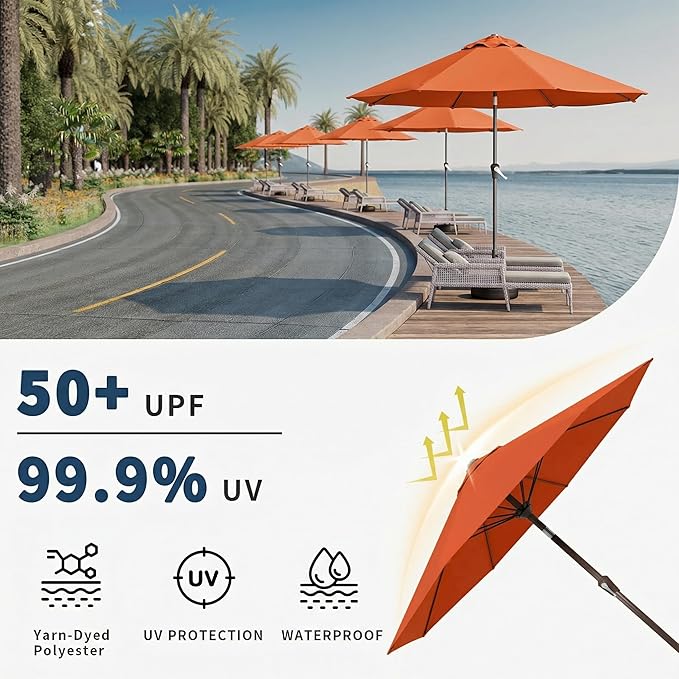 10FT Patio Umbrella Outdoor Market Umbrella with Crank and Tilt, 8 Flexible Fiberglass Ribs, UV-Resistant Waterproof Canopy for Patio, Deck, Garden, Backyard, Terracotta