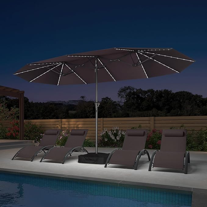 PURPLE LEAF 14ft Patio Umbrella with Solar Lights Outdoor Double-Sided Market Umbrella with Base Included Rectangle Table Umbrella for Pool Garden Backyard, Light Grey