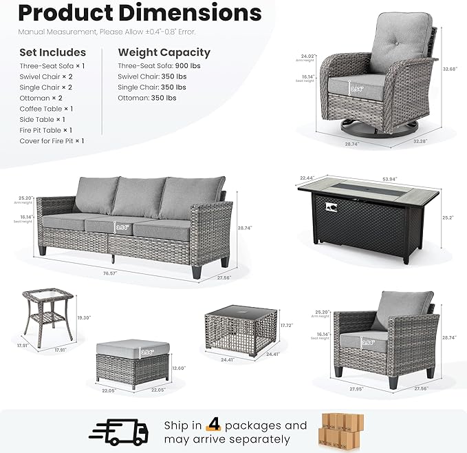 ovios 10 Pieces Patio Furniture Set, Outdoor Wicker Sofa Couch with Rocking Swivel Chairs Solar Light Table Fire Pit, Modern Deep Seat Rattan Conversation Sets, Dark Grey