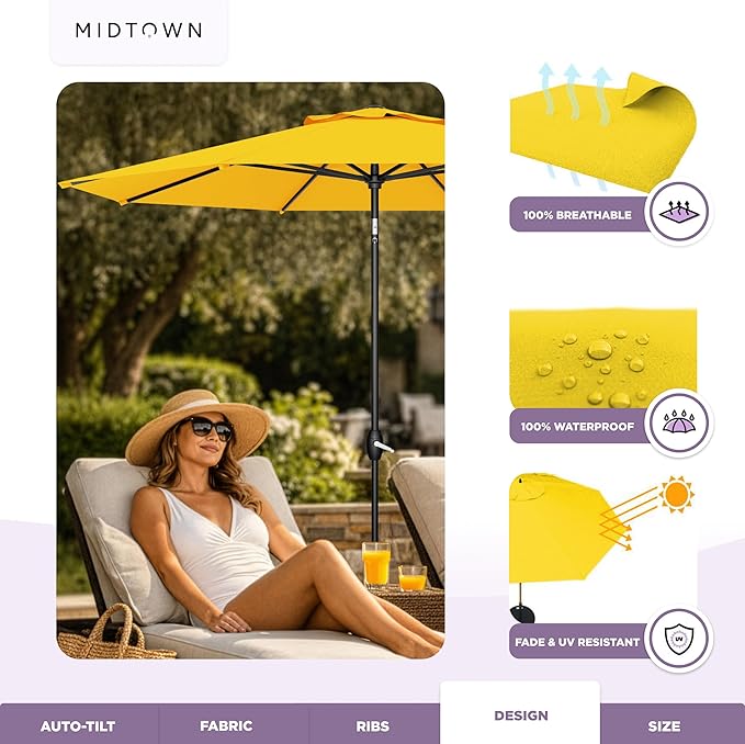Midtown Umbrellas - The Lean 9 Ft Patio Umbrella with Fade-Resistant Sunbrella Fabric, Auto-Tilt Aluminum Frame and 8 Reinforced Ribs for Deck, Pool & Garden - Yellow Canopy, Black Pole